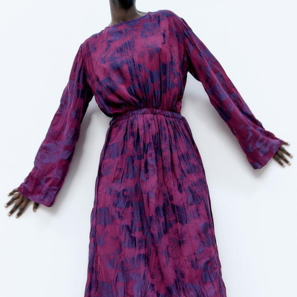 ZARA  Purple Wrinkled Jacquard Maxi Dress Size Small